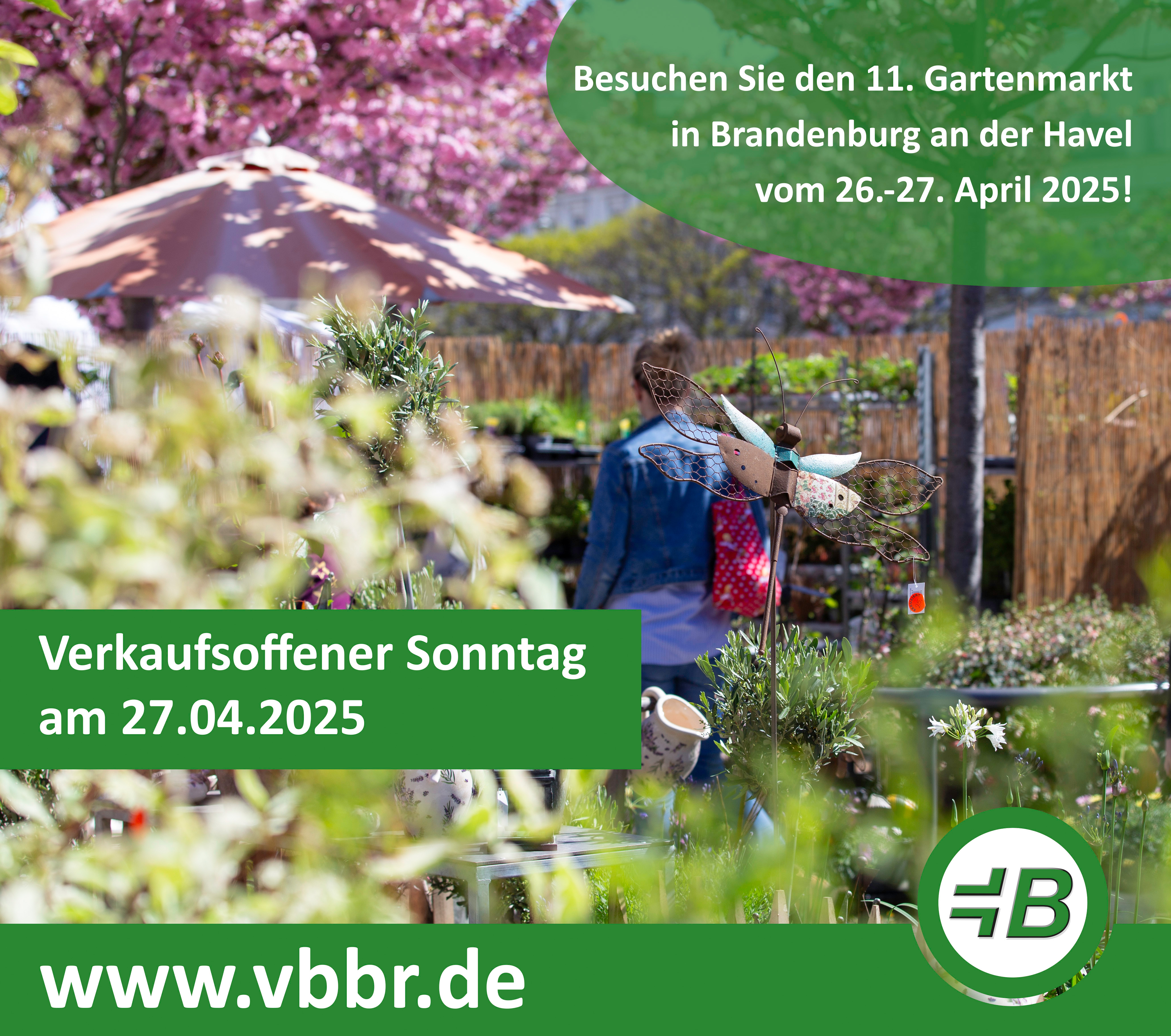 Bildbeschreibung: Bild vom Gartenmarkt mit der Aufschrift: Verkaufsoffener Sonntag am 27.04.2025