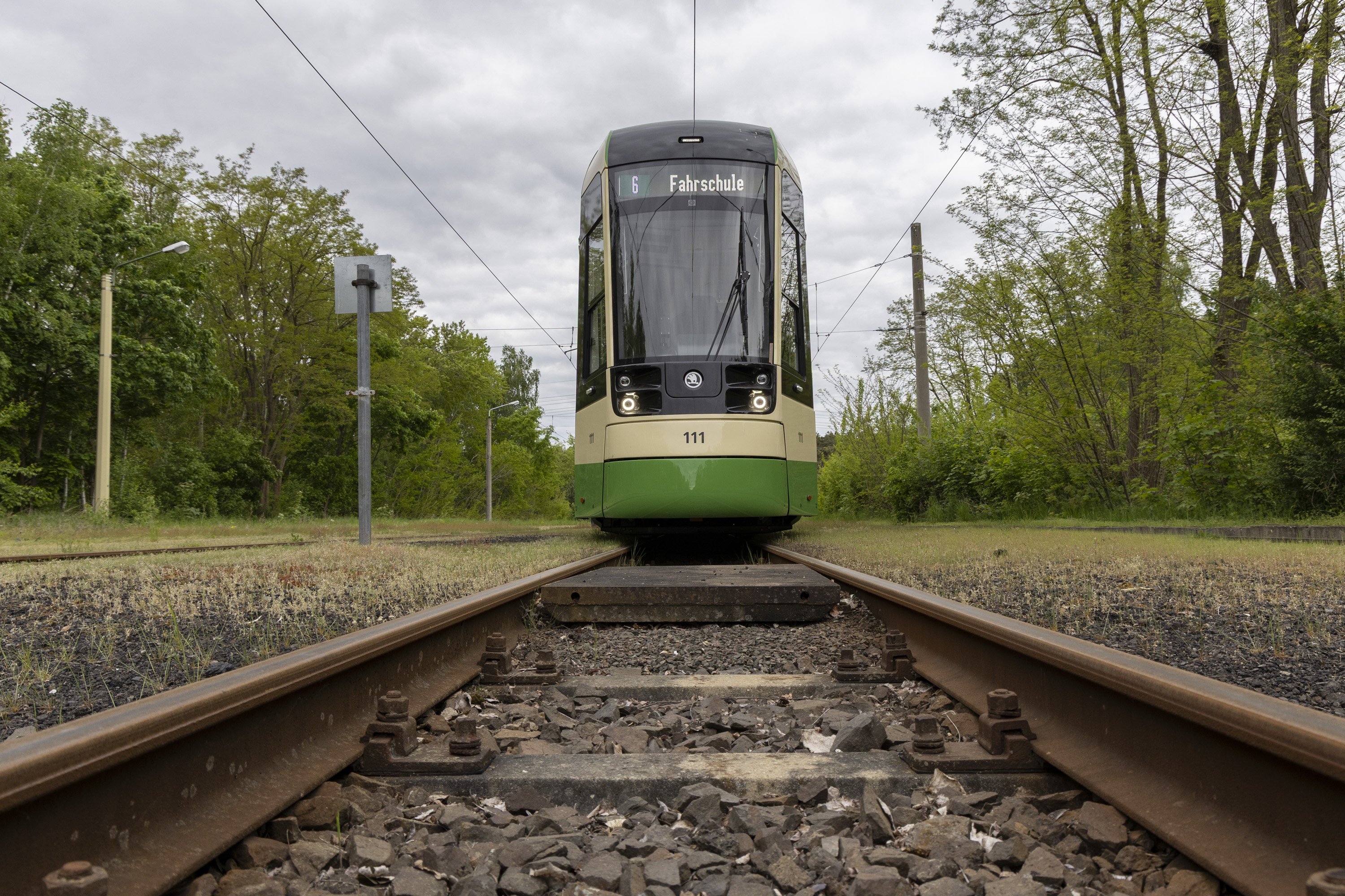 Bildbeschreibung: Frontalaufnahme der Brandenburger SKODA Straßenbahn