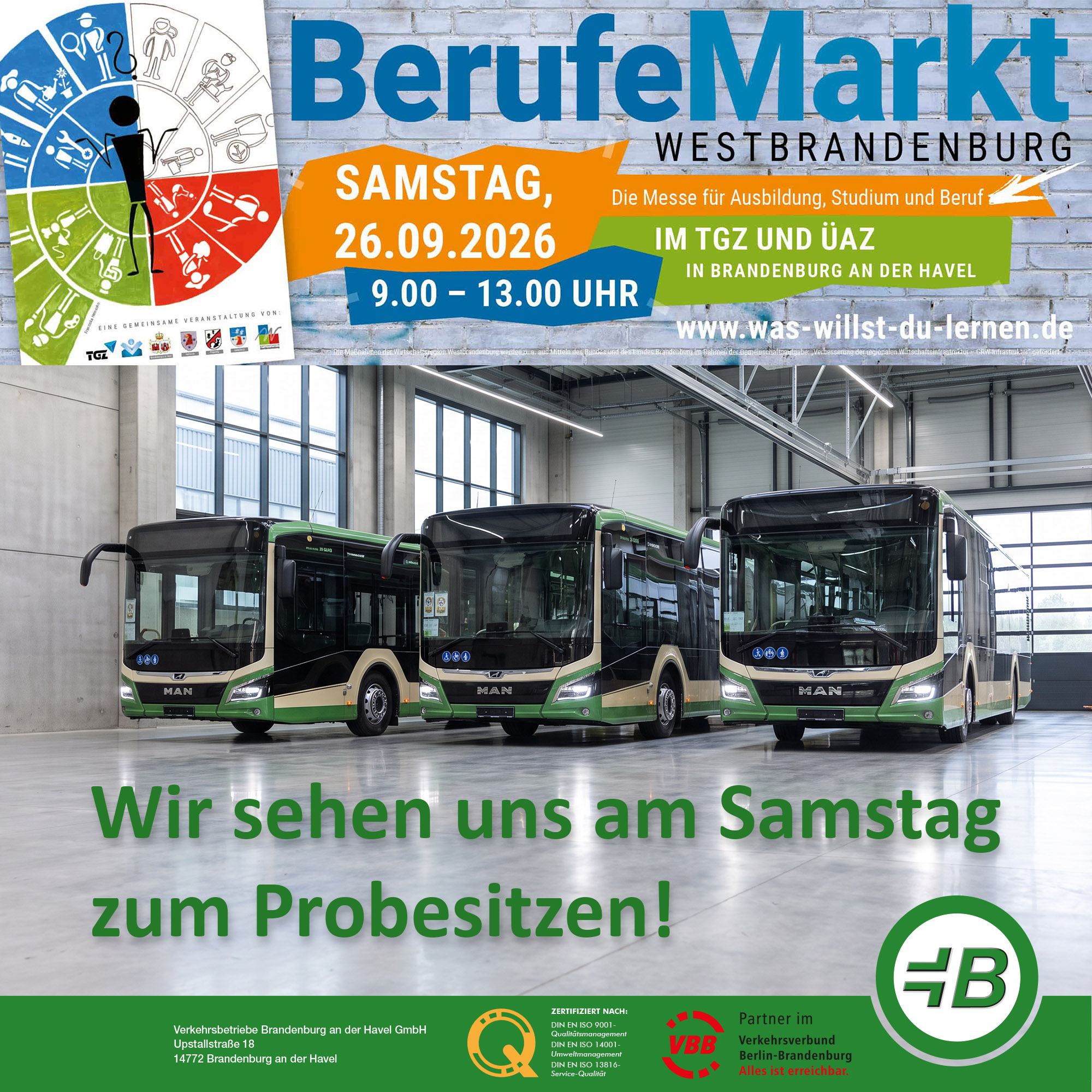 3 Moderne MAN Omnibusse in einer modernen Halle mit dem Slogan "Wir sehen uns am Samstag zum Probesitzen!" Dar&uuml;ber das Logo des Berufemarktes. Klicken um Artikel zu &ouml;ffnen