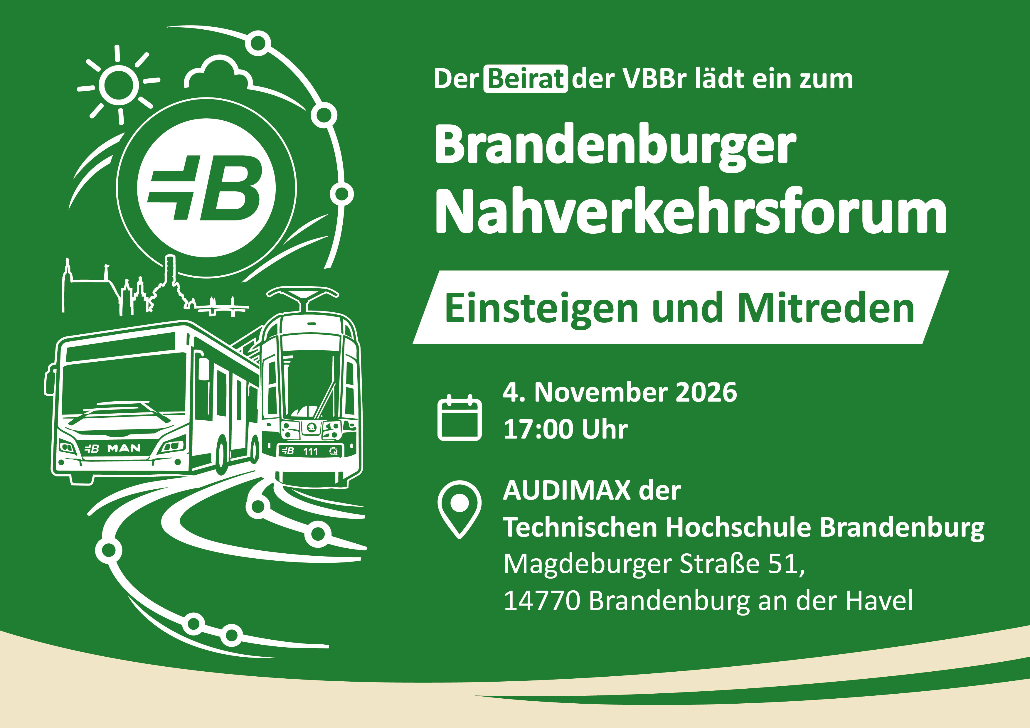 Logo Nahverkehrsforum bestehend aus VBBr Logo und je einem Bus und einer Stra&szlig;enbahn. Ort und Datum finden Sie im Artikel.