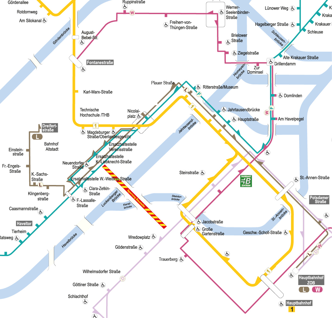 Kartenausschnitt des Tagliniennetzplanes der VBBr  in welchem die Sperrung der Bauhhofstraße ersichtlich ist und die dazu gehörenden Umleitungen